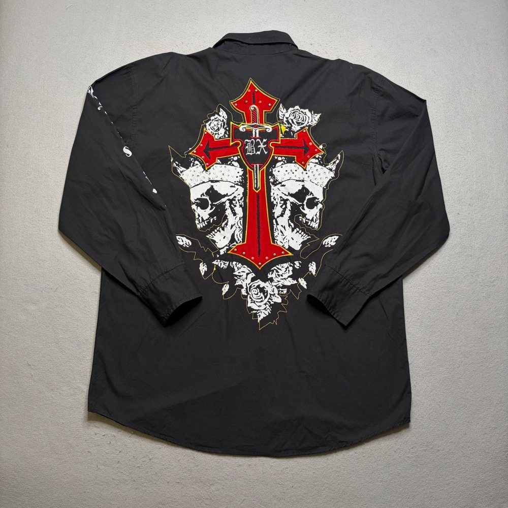 Brooklyn Express Shirt Mens XL Black Y2K Skull Cross Embroidered Button Down